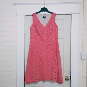 Adrianna Papell Coral Pink V-Neck Midi Dress with Metallic Accents